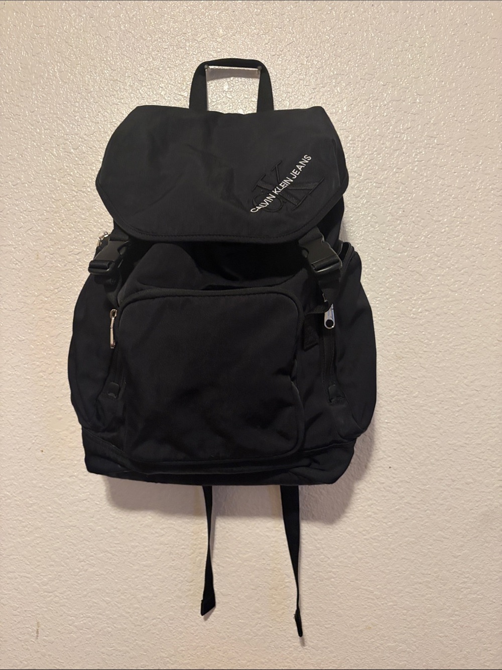 Calvin Klein  Black Nylon Flap Backpack with Front Pocket